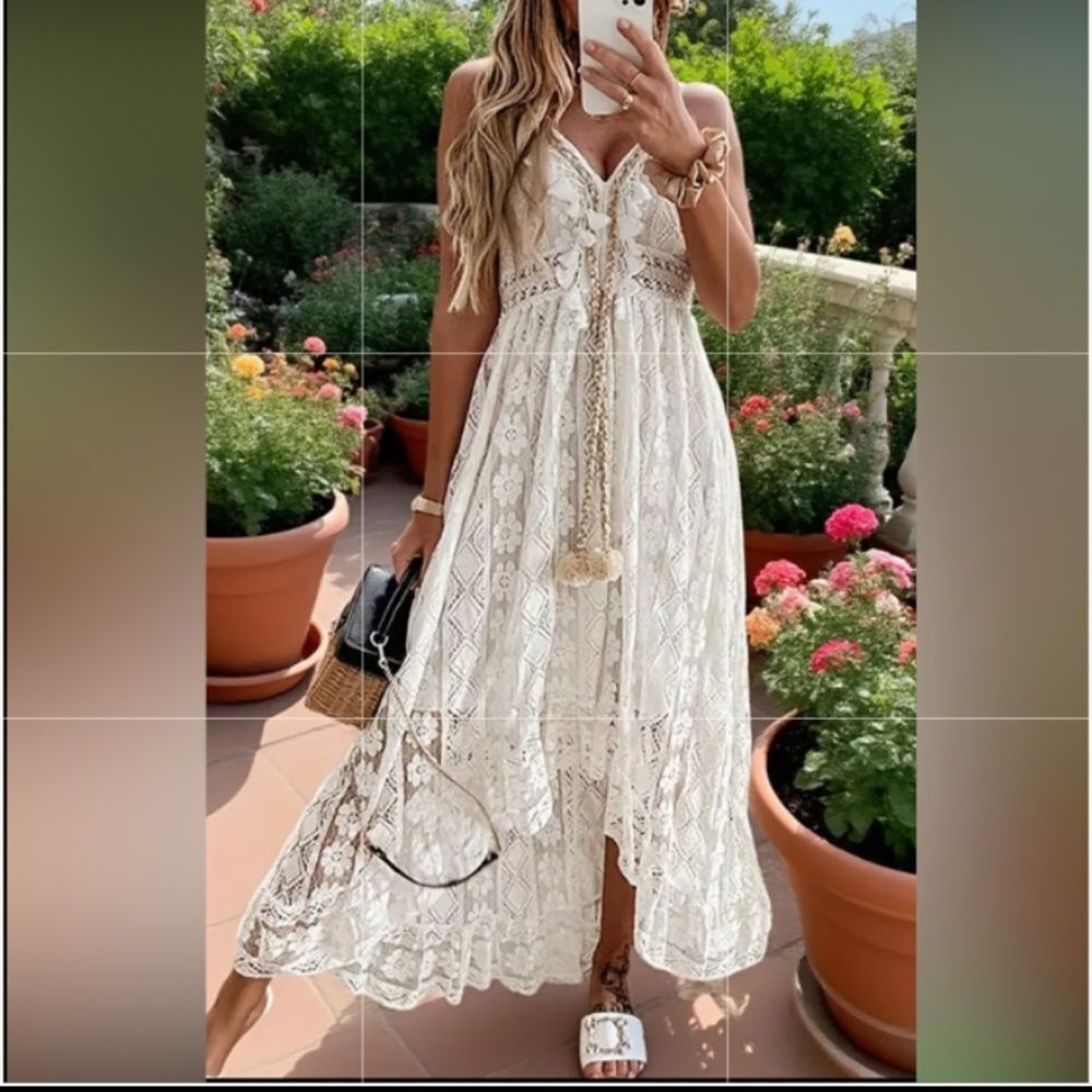 Women's Lace Hollow Out Tassel Trim V Neck Bohemian Maxi Dress 4XL